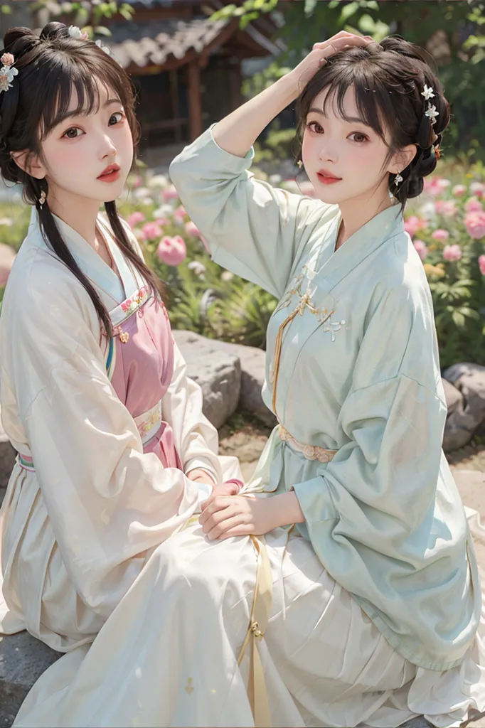 Esta imagem mostra duas mulheres jovens vestidas com roupas tradicionais chinesas. A mulher da esquerda está usando um traje branco e rosa, enquanto a mulher da direita está usando um traje branco e verde. Ambas as mulheres têm o cabelo preso em coques elaborados e estão usando maquiagem tradicional chinesa. Elas estão em pé em um jardim com uma parede de pedra ao fundo.