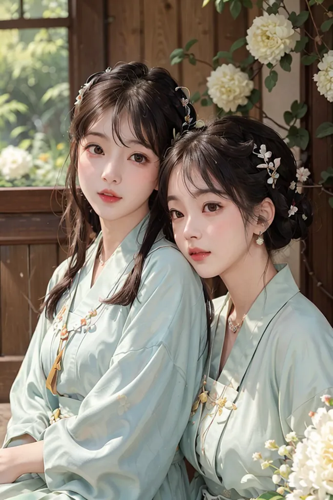 This image shows two young women dressed in traditional Chinese clothing. They are standing in a garden, with a wooden fence in the background. The women are both wearing green robes with white trim. The woman on the left has her hair in a bun, while the woman on the right has her hair in a long braid. They are both wearing white flowers in their hair. The woman on the left is looking at the camera, while the woman on the right is looking at the woman on the left.