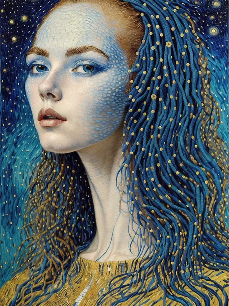 The image is a portrait of a woman with blue skin and hair. She is wearing a gold dress with a white collar. Her eyes are blue and her lips are slightly parted. She is looking at the viewer with a serene expression. The background is a dark blue night sky with stars.