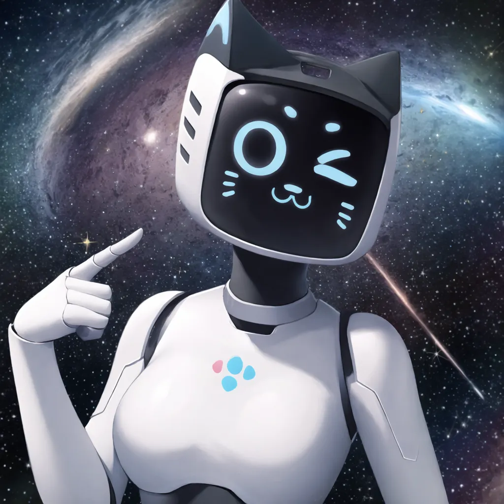 The image shows a female robot with cat ears and a cat-like face. She is pointing with one finger. She is wearing a white and gray suit with a pink and blue badge on her chest. She has a galaxy as a background.