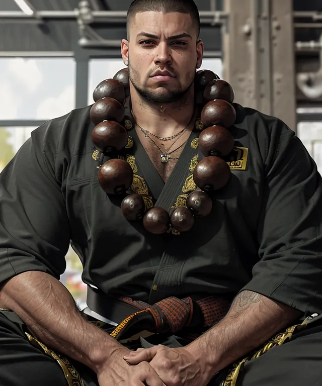 The image shows a muscular man with a shaved head and a serious expression on his face. He is wearing a black martial arts uniform and a necklace made of large wooden beads. He is sitting in a meditative pose with his hands resting on his knees. The background is out of focus and looks like a traditional dojo.