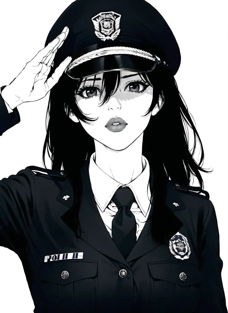 L'image est un dessin en noir et blanc d'une jeune femme en uniforme de police. Elle salue de la main droite. Elle a de longs cheveux noirs, des yeux sombres et un grain de beauté sur la joue gauche. Elle porte une casquette de police avec un insigne. Sa chemise est ouverte au col et elle porte une cravate. Il y a des épinglettes sur sa chemise. Elle a un étui à pistolet sur la hanche droite.