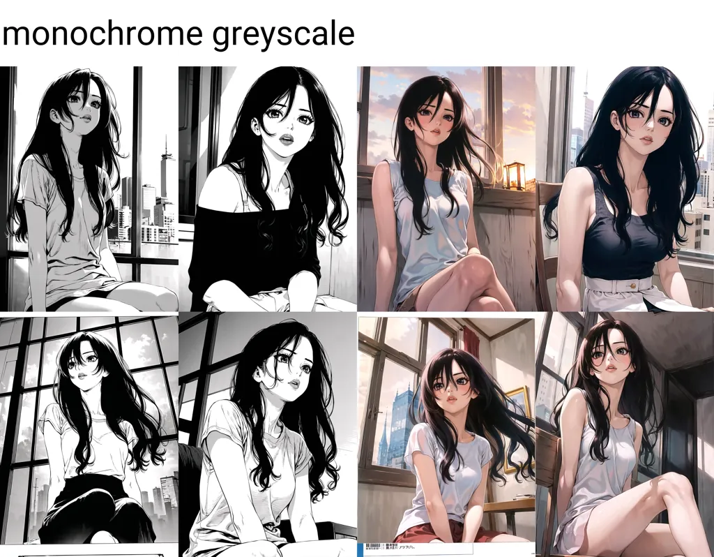 The image shows a comparison between monochrome greyscale and color images of a young woman with long black hair. The woman is sitting in a room, and there are two windows in the background. In the first image, the woman is wearing a black tank top and black shorts. In the second image, she is wearing a white shirt and blue jeans. In the third image, she is wearing a black dress. In the fourth image, she is wearing a white shirt and black shorts. In the fifth image, she is wearing a black tank top and black shorts. In the sixth image, she is wearing a white shirt and blue jeans.