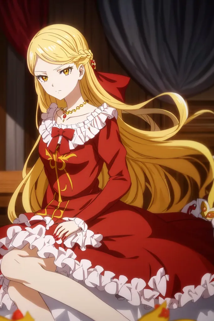 The image shows a young woman with long blonde hair and red eyes. She is wearing a red and white dress with a white bow on her chest. She is sitting on a chair with one leg crossed over the other and has a serious expression on her face. The background is a dark red curtain.