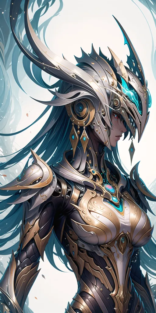 The image is a digital painting of a female warrior. She is wearing a suit of armor that is white and gold with blue accents. The armor has intricate designs and patterns. She has long blue hair and blue eyes. She is looking to the right of the frame. The background is a light blue color with white and blue lines.