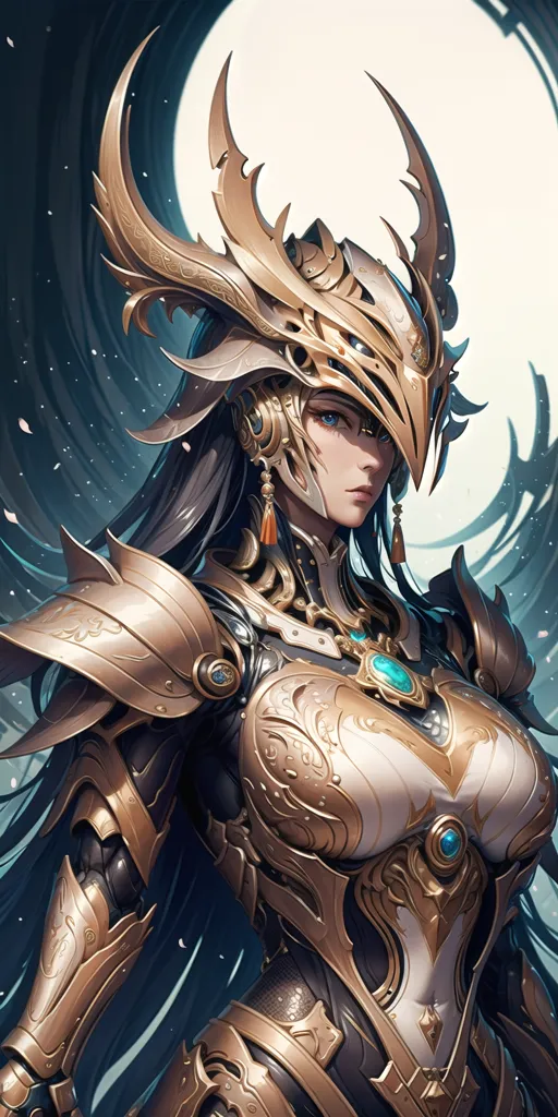 This is an image of a female warrior. She is wearing a golden armor with blue and green details. The armor has a phoenix-like design, with wings and feathers. The warrior has long black hair and blue eyes. She is also wearing a helmet with a visor. The background is a dark blue night sky with a full moon.