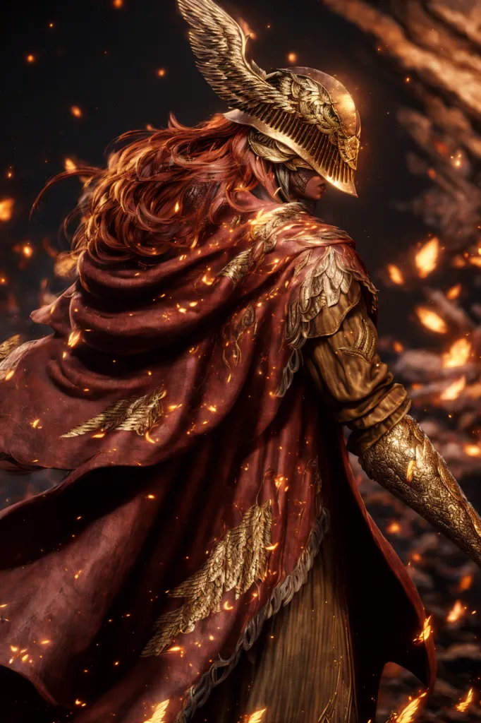 The image shows a woman standing in a dark place. She is wearing a red and gold armor and a helmet with wings. She is also wearing a red cape with gold trim. The woman is holding a sword in her right hand. There are flames in the background.