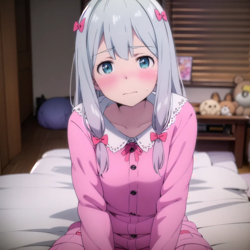 The image shows a young girl with long white hair and blue eyes. She is wearing a pink nightgown with a white collar and pink bows. She is sitting on a bed with a pink blanket and there are stuffed animals on a shelf in the background. The girl has a sad expression on her face.