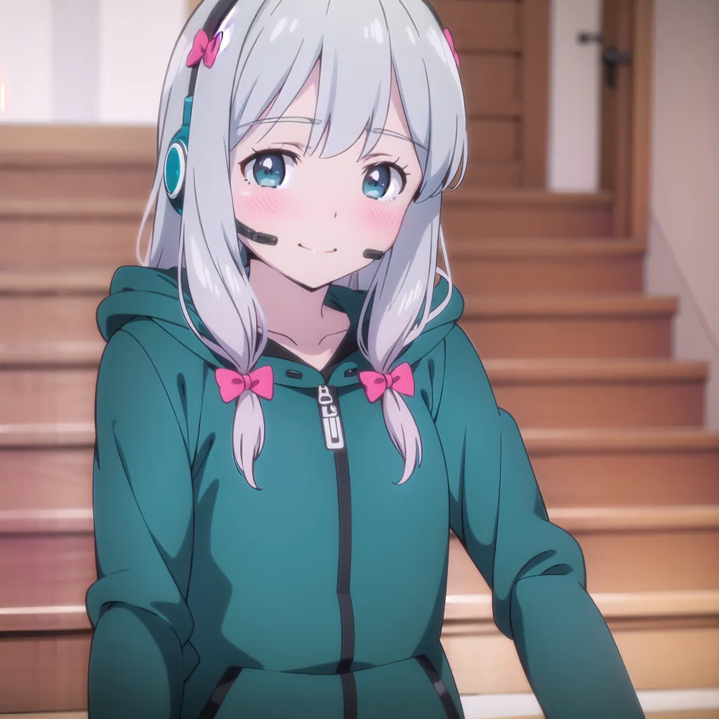 The image shows an anime-style girl with white hair and blue eyes. She is wearing a green hoodie with pink bows on the hood and a pink headset. She has a shy smile on her face and is looking at the viewer. She is sitting on the stairs.