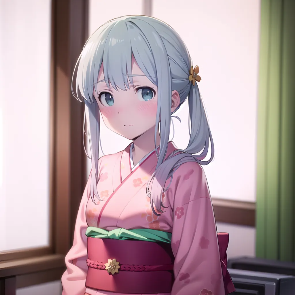 The image shows an anime girl with green eyes, light blue hair tied in twintails with yellow hair accessories. She is wearing a pink kimono with white and yellow floral patterns, and a green obi with a yellow flower-shaped accessory. She is standing in a room with a window and a sliding door.