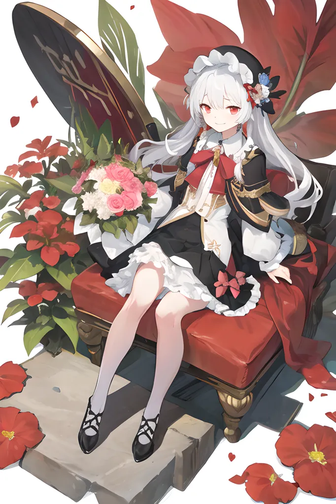 The image is a painting of a young woman with long white hair and red eyes. She is wearing a black and white dress with a red bow. She is sitting on a red throne, with a bouquet of flowers in her lap. There are red and pink flowers all around her. The background is white. The painting is in a realistic style, and the woman is depicted in great detail. Her expression is one of calm contentment. The painting is likely meant to be a portrait of the woman, and it is a beautiful and striking work of art.