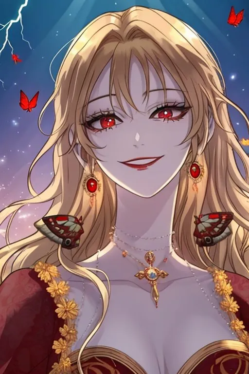 The image shows a woman with long, flowing blonde hair and red eyes. She is wearing a red dress with a white camisole and a gold necklace with a butterfly pendant. She is also wearing matching butterfly earrings. The woman has a confident smile on her face, and she is looking at the viewer with her head tilted slightly to the right. There are red butterflies surrounding her head.