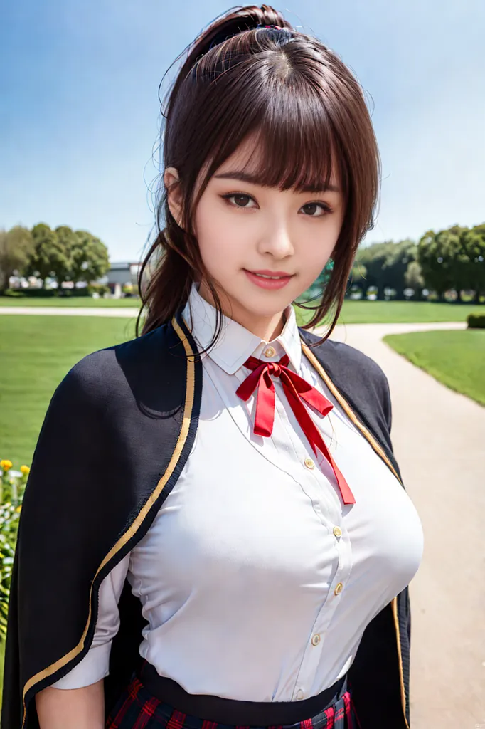 The image shows a young woman with long brown hair and brown eyes. She is wearing a white blouse, a red bow tie, and a black cape with gold trim. The woman is standing in a park, with trees and grass in the background.