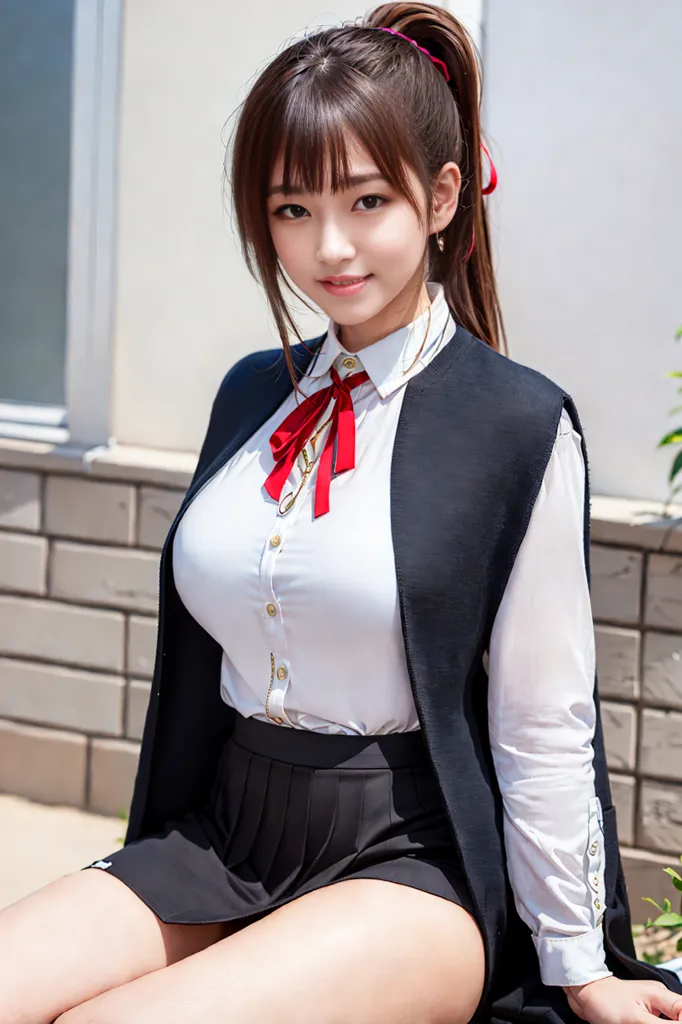 The image shows a young woman with long brown hair and brown eyes. She is wearing a white blouse, a black vest, and a black pleated skirt. She is also wearing a red bow tie. She is sitting on a bench and looking at the camera with a slight smile on her face.