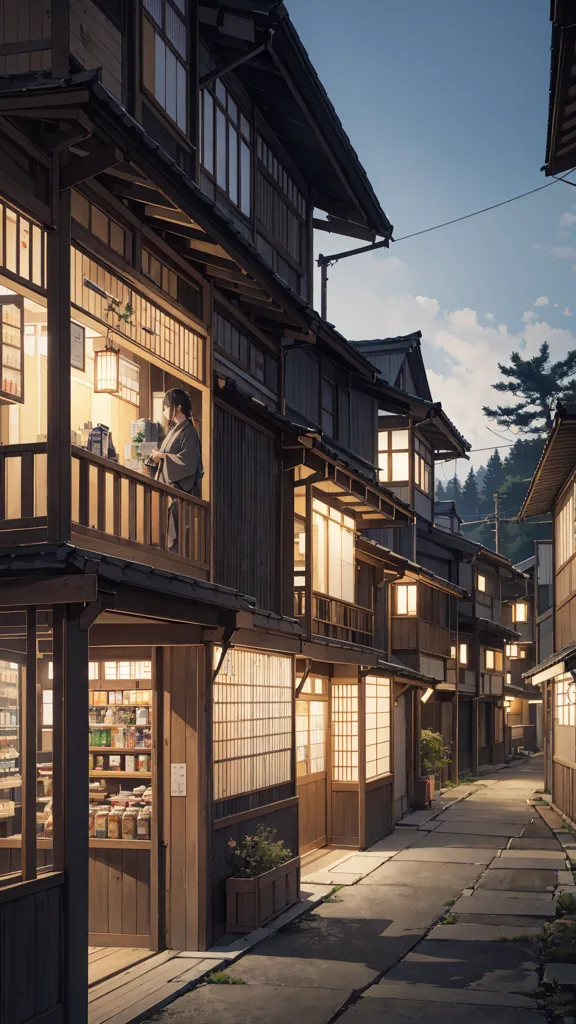 La imagen muestra una calle larga y estrecha en un pueblo japonés. La calle está bordeada por casas tradicionales japonesas, que están hechas de madera y tienen paredes blancas. Las casas tienen dos o tres pisos de altura y tienen balcones y ventanas de celosía. La calle está pavimentada con piedra y hay algunos árboles y plantas a lo largo del camino. El cielo es azul con algunas nubes y el sol brilla. Hay una mujer con kimono de pie en los balcones.