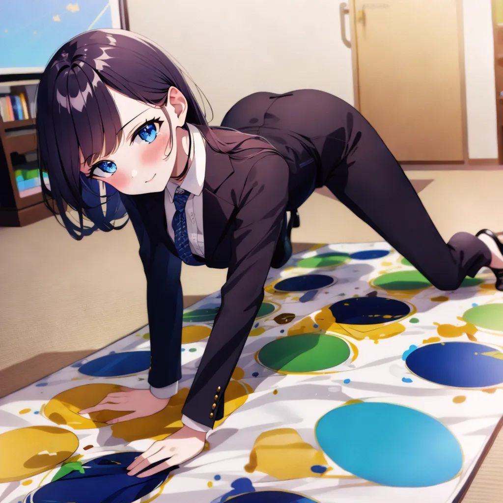 The image depicts a young woman with long dark hair and blue eyes. She is wearing a dark suit and tie. She is on her hands and knees on a Twister mat. She has one hand on a blue circle and the other on a yellow circle. Her right leg is on a green circle and her left leg is on a red circle. She is looking at the camera with a smile on her face.