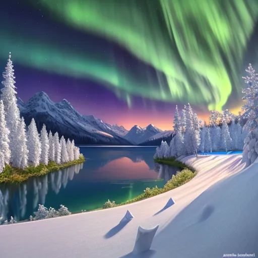 Gambar ini menunjukkan pemandangan musim dingin yang indah dengan danau yang membeku dan pepohonan yang tertutup salju. Langit gelap dan dipenuhi dengan aurora borealis yang cerah dan berwarna-warni. Ada gunung-gunung bersalju di kejauhan dan jalan yang tertutup salju di bagian depan.