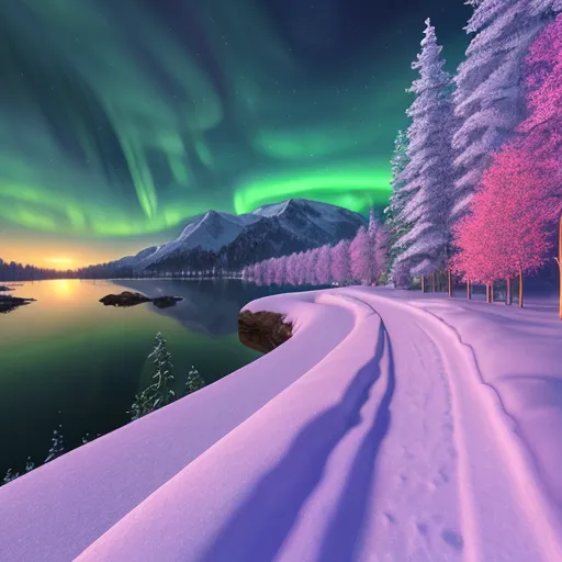 The image shows a beautiful winter landscape with a road covered in snow going through a snowy forest. The sky is dark and filled with bright green and pink auroras. There is a lake to the left of the road, surrounded by snow-covered mountains. The trees in the forest are bare, except for a couple of trees with pink leaves.