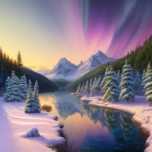 The image is a winter landscape. There is a frozen lake in the middle, surrounded by snow-covered mountains and trees. The sky is a gradient of purple, pink, and blue with an aurora. There is a cabin on the right side of the lake.