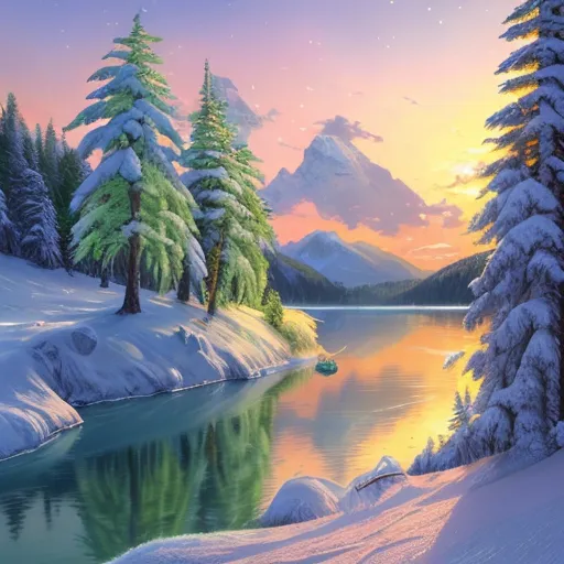 The image is a beautiful winter landscape. The snow-capped mountains are in the distance, and the lake is in the foreground. The trees are bare, and the snow is thick on the ground. There is a lone boat on the lake. The sky is a clear blue, and the sun is shining brightly. The overall effect is one of peace and tranquility.