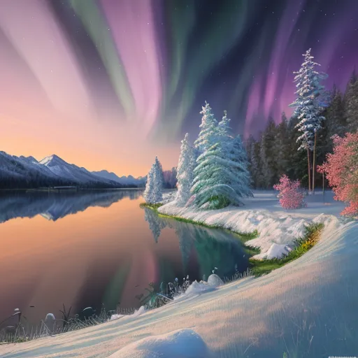 A imagem mostra uma bela paisagem de inverno com um lago congelado, árvores cobertas de neve e montanhas ao fundo. O céu está escuro com a bela e colorida aurora boreal. A aurora boreal, também conhecida como luzes do norte, é um fenômeno natural de luzes no céu, visto principalmente em regiões de altas latitudes. As luzes geralmente são mais visíveis entre as 22h e as 2h durante os meses de inverno.