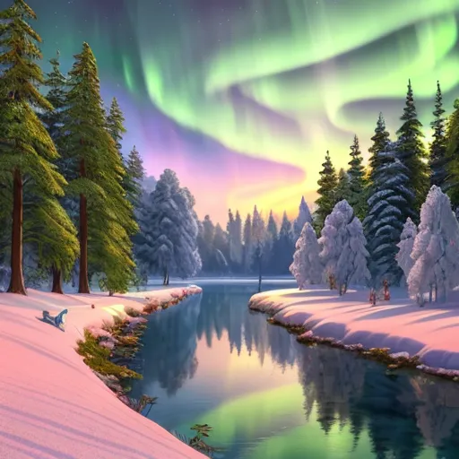 The image is a winter landscape with a river running through the middle. The trees are bare, and the ground is covered in snow. The sky is a dark blue, and the aurora borealis is visible in the background. There is a cabin on the left side of the river. The cabin is made of wood and has a red roof. There is a tree in front of the cabin. The tree is bare, and its branches are covered in snow. There is a path leading from the cabin to the river. There are two people on the path. They are both wearing winter clothes. The person on the left is wearing a red coat and a black hat. The person on the right is wearing a blue coat and a gray hat. They are both carrying skis.