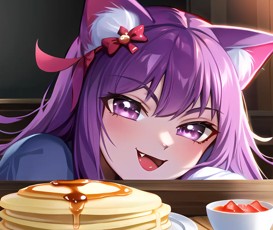 The image is of an anime-style catgirl with purple hair and eyes. She is wearing a blue shirt and has a red bow in her hair. She is sitting at a table with a plate of pancakes in front of her. The catgirl is smiling and has her tongue out in anticipation of eating the pancakes. The background is a blurred kitchen scene.