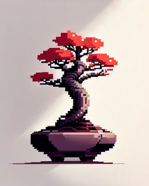 The image is a pixel art of a bonsai tree. The tree has a dark brown trunk and red leaves. It is potted in a brown pot. The tree is on a white background.