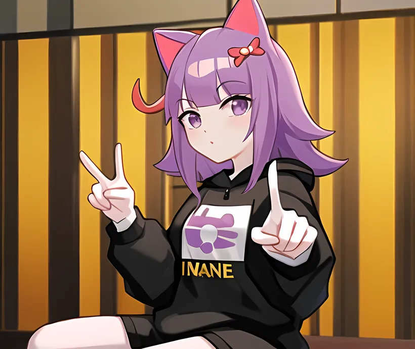 The image is of an anime-style girl with purple hair and cat ears. She is wearing a black hoodie with a purple flower on the hood. The word \