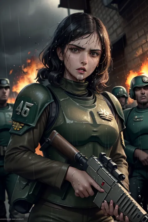 The image shows a young woman in a green military uniform. She is wearing a flak jacket and a helmet, and she is carrying a gun. She is standing in a war zone, and there are explosions and fires in the background. The woman's face is wet with rain, and she looks tired and determined.