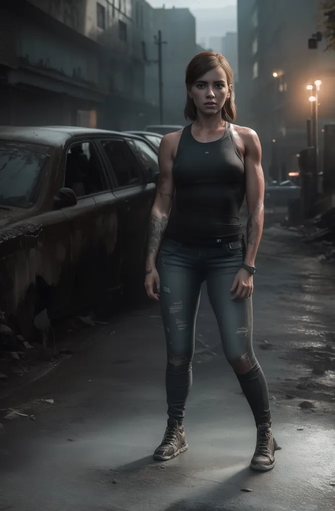 This is an image of a young woman standing in a post-apocalyptic city. She is wearing a black tank top, blue jeans, and brown boots. She has a tattoo on her left arm and a watch on her right wrist. The city is in ruins, with abandoned cars and buildings everywhere. The woman is looking at the camera with a determined expression on her face.