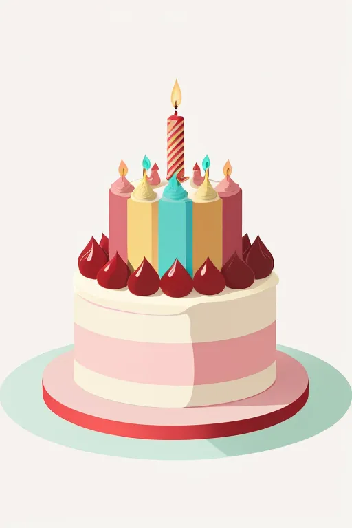 Esta es una ilustración digital de una tarta de cumpleaños. La tarta es rosa y blanca, con una vela rosa grande en el centro y seis velas más pequeñas a su alrededor. Las velas están encendidas. La tarta está decorada con glaseado rojo y blanco. Hay una fresa encima de la tarta. La tarta está sobre un plato blanco. El fondo es blanco.