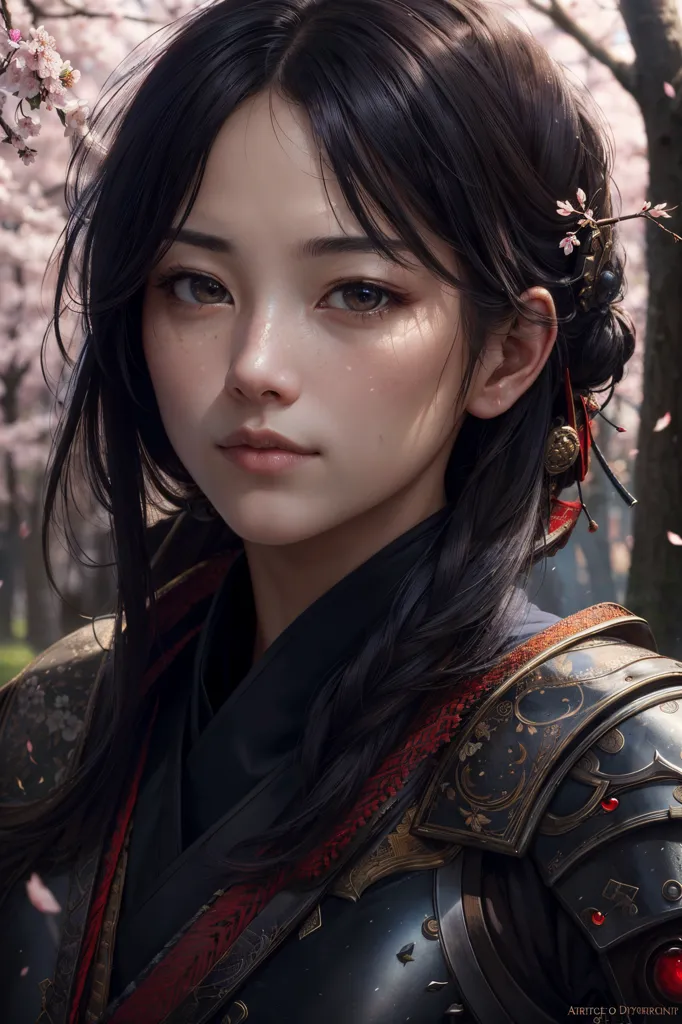 The image is a portrait of a young Asian woman. She has long, dark hair, brown eyes, and a fair complexion. She is wearing a traditional Japanese kimono and has a katana sword in her hand. The background is a blurred image of a cherry blossom tree.