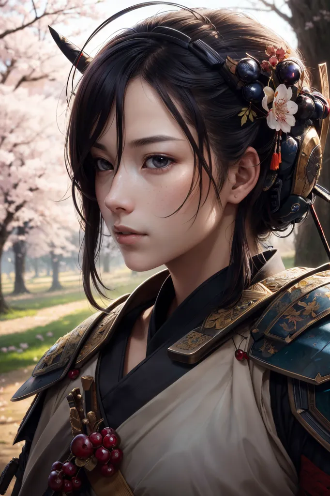 The image is a portrait of a young woman with long black hair. She is wearing a traditional Japanese kimono and has a katana sword in her hand. The background is a blurred forest with cherry blossoms. The woman's expression is serious and determined.