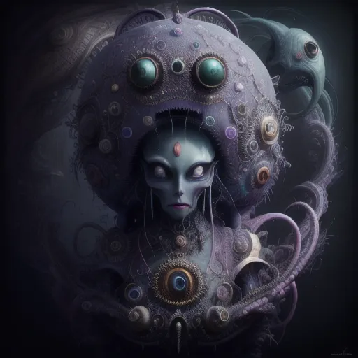 The image is a portrait of an alien woman. She has light purple skin and large, almond-shaped eyes. Her head is adorned with a complex headdress made of metal and jewels, and her body is covered in strange, biomechanical armor. She has a pensive expression on her face, and it is unclear whether she is friend or foe.