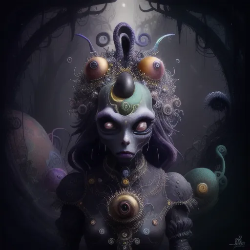 The image is a portrait of an alien woman. She has light purple skin and large, almond-shaped eyes. Her head is adorned with a crown of strange, writhing tentacles with eyeballs on the ends. She is wearing a dark purple dress with a high collar. The background is dark and shadowy.