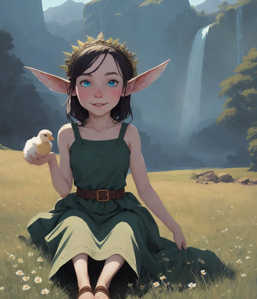 The image is of a young elf girl with long brown hair and blue eyes. She is wearing a green dress with a brown belt and has a wreath of leaves on her head. She is sitting in a field of flowers, holding a small yellow bird in her hands. In the background there is a waterfall and mountains.