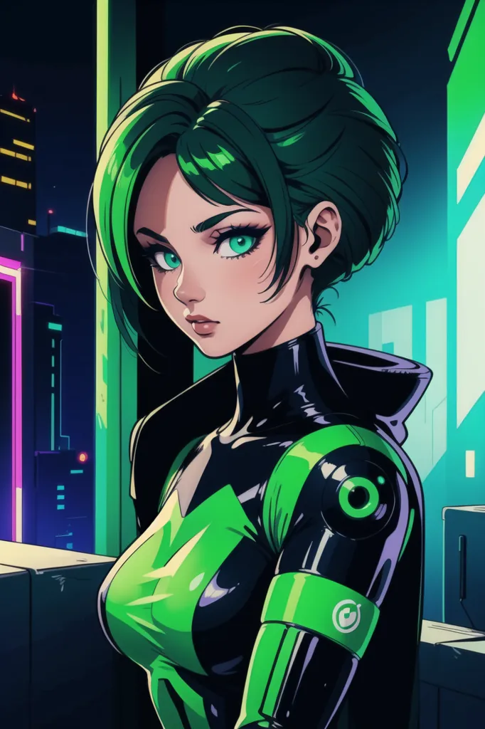 The image is a portrait of a young woman with green hair and eyes. She is wearing a black and green bodysuit with a hood. The background is a cityscape at night. The woman is looking at the viewer with a serious expression.