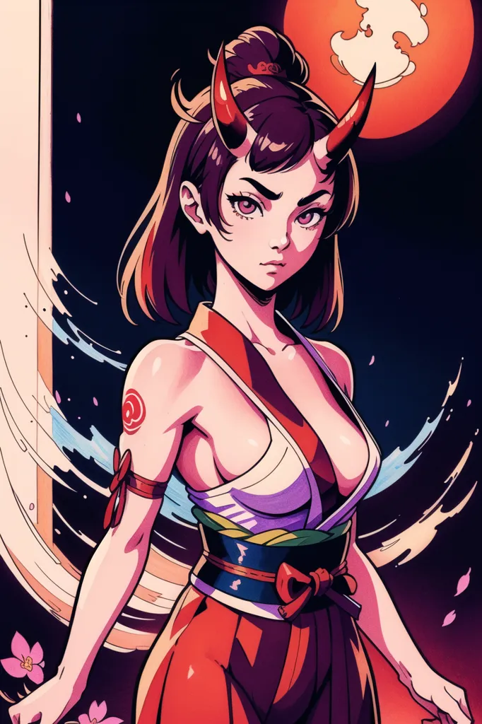 This is an illustration of a young woman with brown hair and red horns. She is wearing a white and red kimono with a purple obi. She has a serious expression on her face and is looking at the viewer. There is a red circle on her right arm. The background is dark with a red moon and some pink cherry blossoms.