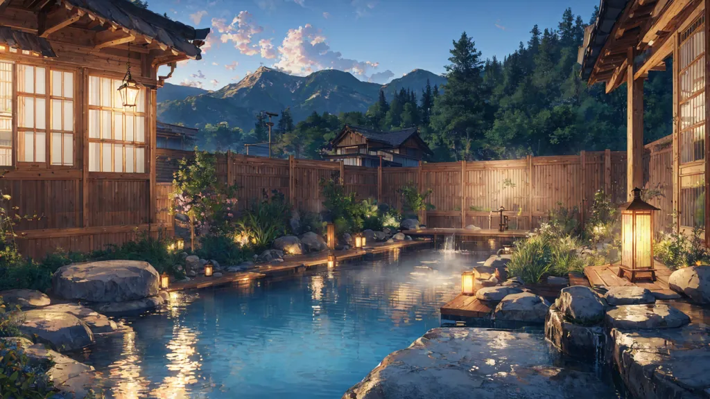 A imagem mostra um onsen, ou fonte termal japonesa. Há uma grande piscina de água quente cercada por rochas e plantas. Há também várias piscinas menores e uma cachoeira. O onsen está localizado em um cenário lindo, com montanhas ao fundo. A imagem é pacífica e relaxante.