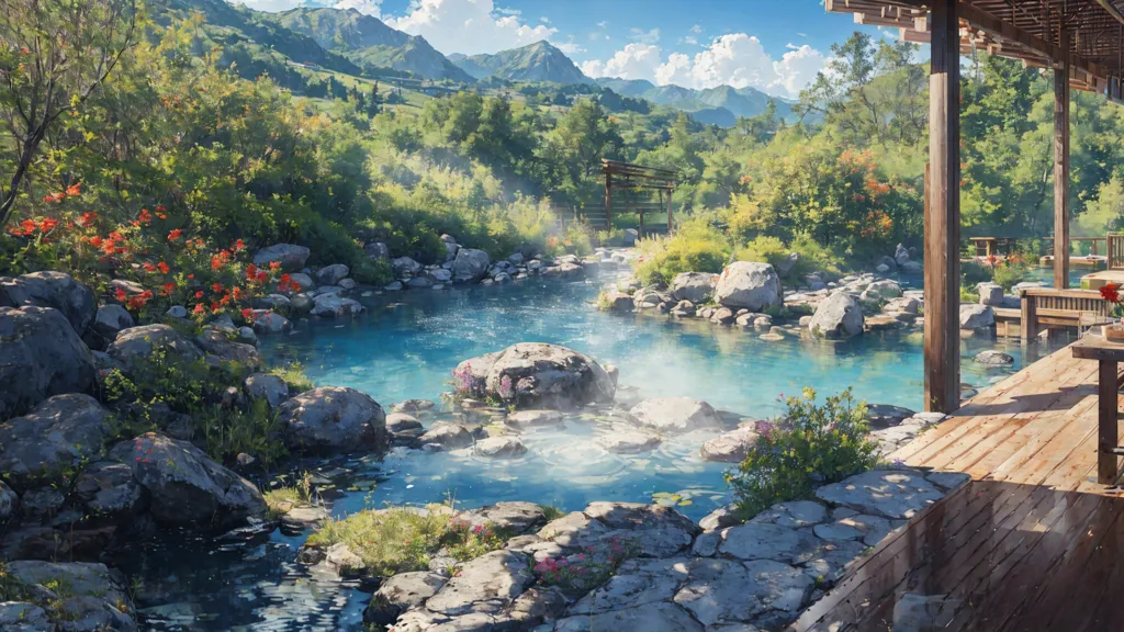 The image shows a hot spring in a beautiful natural setting. The water is a clear blue and surrounded by rocks and lush greenery. There is a wooden deck with a table and chairs where people can relax and enjoy the scenery. In the background, there are mountains and a blue sky. The overall atmosphere is one of peace and tranquility.