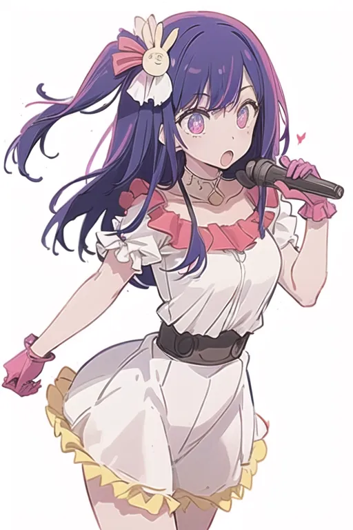 The image shows a young girl with purple hair and blue eyes. She is wearing a white dress with a pink bow and a yellow skirt. She is also wearing a pair of white gloves and a pair of pink headphones. She is holding a microphone in her right hand and she is singing. She has a cute expression on her face. The background is white.