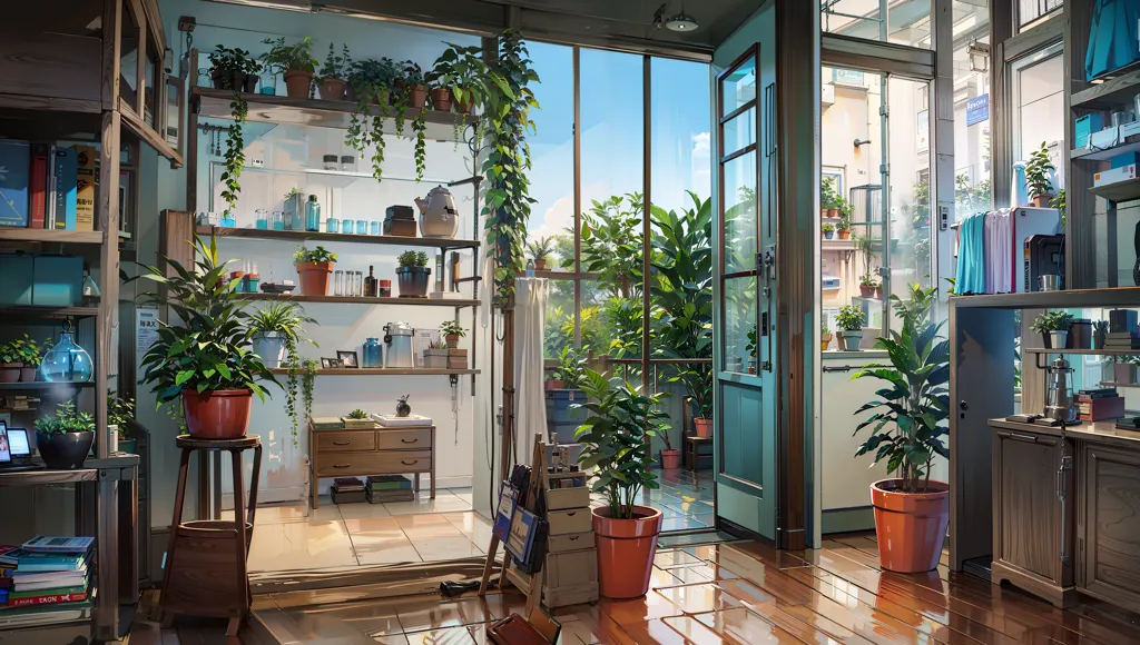 The image is an illustration of a room with a lot of plants. The room is divided into two parts by a glass door. The left part of the room has a wooden shelf with books and plants on it. There is also a wooden table with a vase of flowers on it. The right part of the room has a wooden floor with a rug on it. There is also a wooden table with a laptop and a cup of coffee on it. The walls of the room are painted white and there are two windows that let in the sunlight.