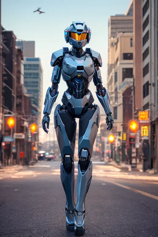 La imagen muestra a una alta robot femenina caminando por una calle de la ciudad. Lleva un traje blindado de color azul claro y gris con un casco y una visera. El robot está armado con un arma y tiene un cinturón de utilidad. La calle está rodeada de altos edificios y hay un avión volando en el cielo.