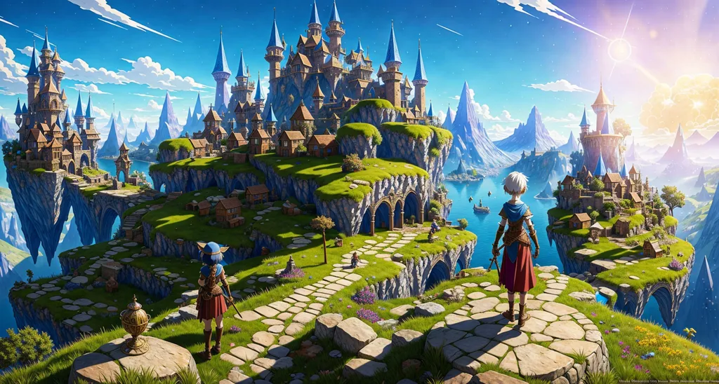 The image is of a floating city. The city is built on a series of platforms that are connected by bridges and walkways. The platforms are made of stone and are covered in grass and trees. The city is surrounded by mountains and there is a large body of water in the foreground. The sky is blue and there are some clouds. There are two people standing on one of the platforms. They are both wearing cloaks and carrying swords.