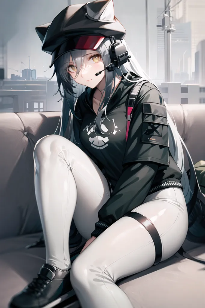 The image depicts an anime-style girl with cat ears wearing a black hat, headphones, and a black and white jacket. She is sitting on a couch with her legs crossed and looking at the viewer with a slight smile on her face. She has long white hair and yellow eyes and is wearing a pair of black sneakers. The background of the image is a blurred cityscape with a few buildings and a large window.