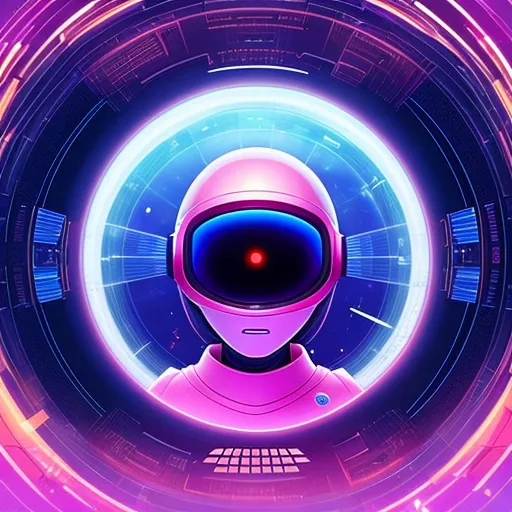 A imagem é de um robô usando um capacete rosa com um visor vermelho. O robô está sentado em uma nave espacial e está rodeado por um fundo azul e roxo. Há vários teclados à frente do robô. O robô tem uma expressão séria no rosto.