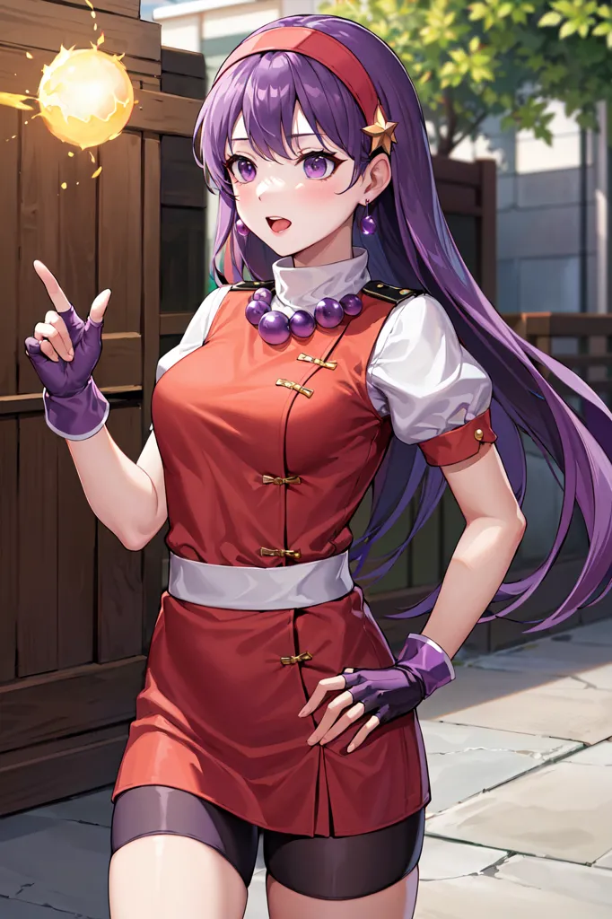 The image shows a young woman with purple hair and purple eyes. She is wearing a red and white cheongsam-style dress with a white collar and black gloves. She is also wearing black shorts and black boots. She has a confident smile on her face and is pointing with her right hand while holding a yellow ball of energy in her left hand. She is standing in a street with a wooden fence and trees in the background.