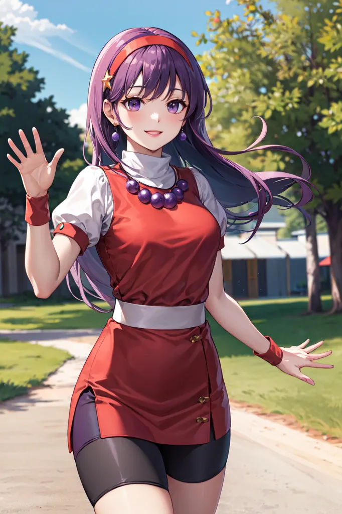 The image shows a young woman with purple hair and purple eyes. She is wearing a red and white outfit with a purple headband. She is smiling and waving. She appears to be in a park with trees and a path in the background.