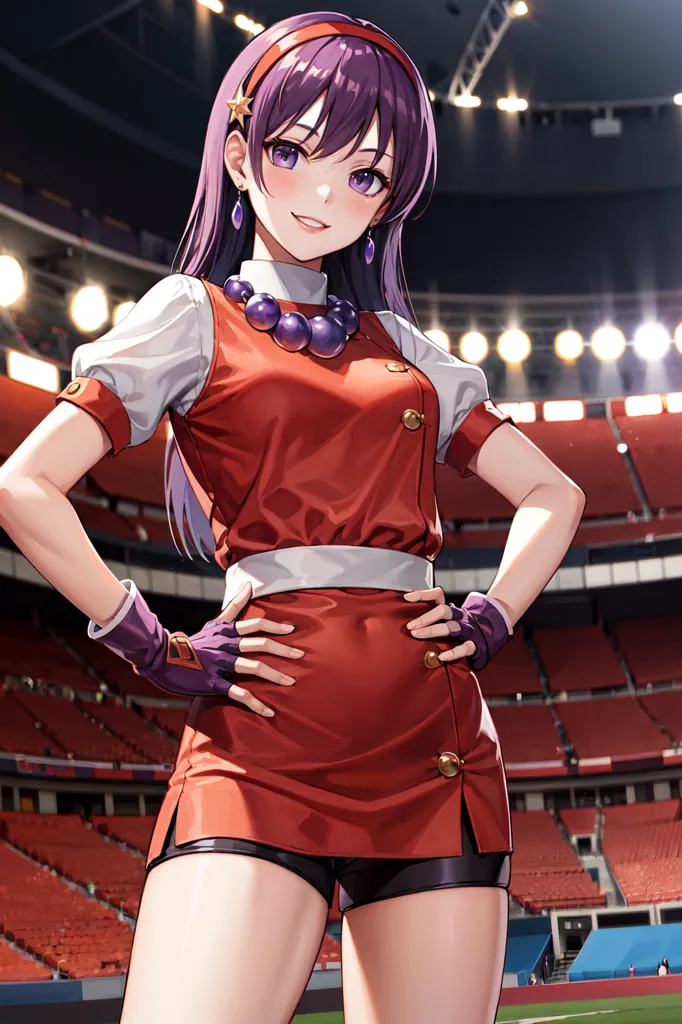 The image shows a young woman with purple hair and purple eyes. She is wearing a red and white outfit with a purple belt. She is also wearing black gloves and black boots. She is standing in a stadium with her hands on her hips. She has a confident smile on her face.